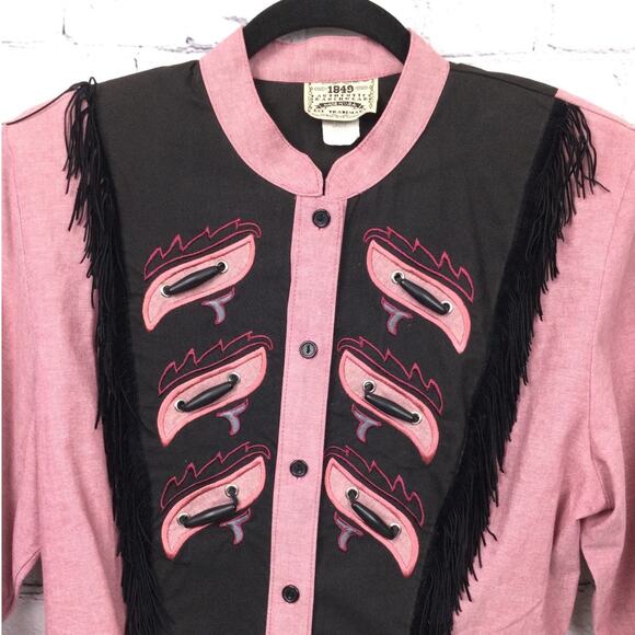 1849 Authentic Ranchwear Fringe Western Cowgirl Cropped Embroidered Pink Shirt S - Picture 2 of 13
